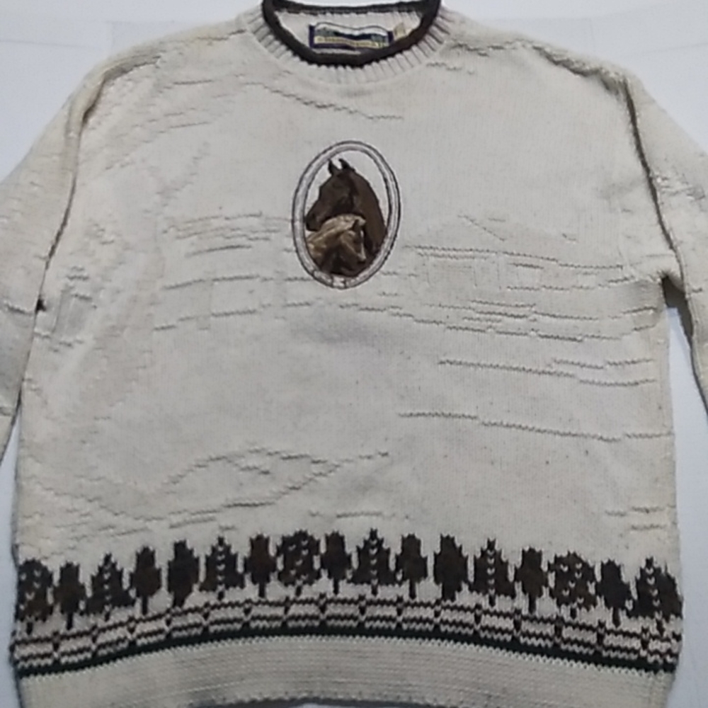 Vintage Shenandoah Horse Cotton Cabin Granny Nature Mockneck Sweater L
